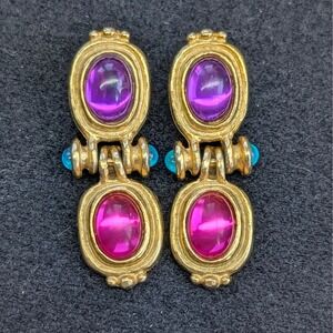 Vintage Etruscan Style Mogul Statement Heavy Substantial Pink & Purple Earrings
